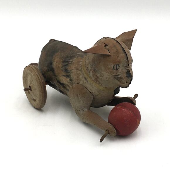 Antique Tin Wind-Up Cat Toy with Wood Ball Pull Toy Hand Painted - Picture 1 of 10